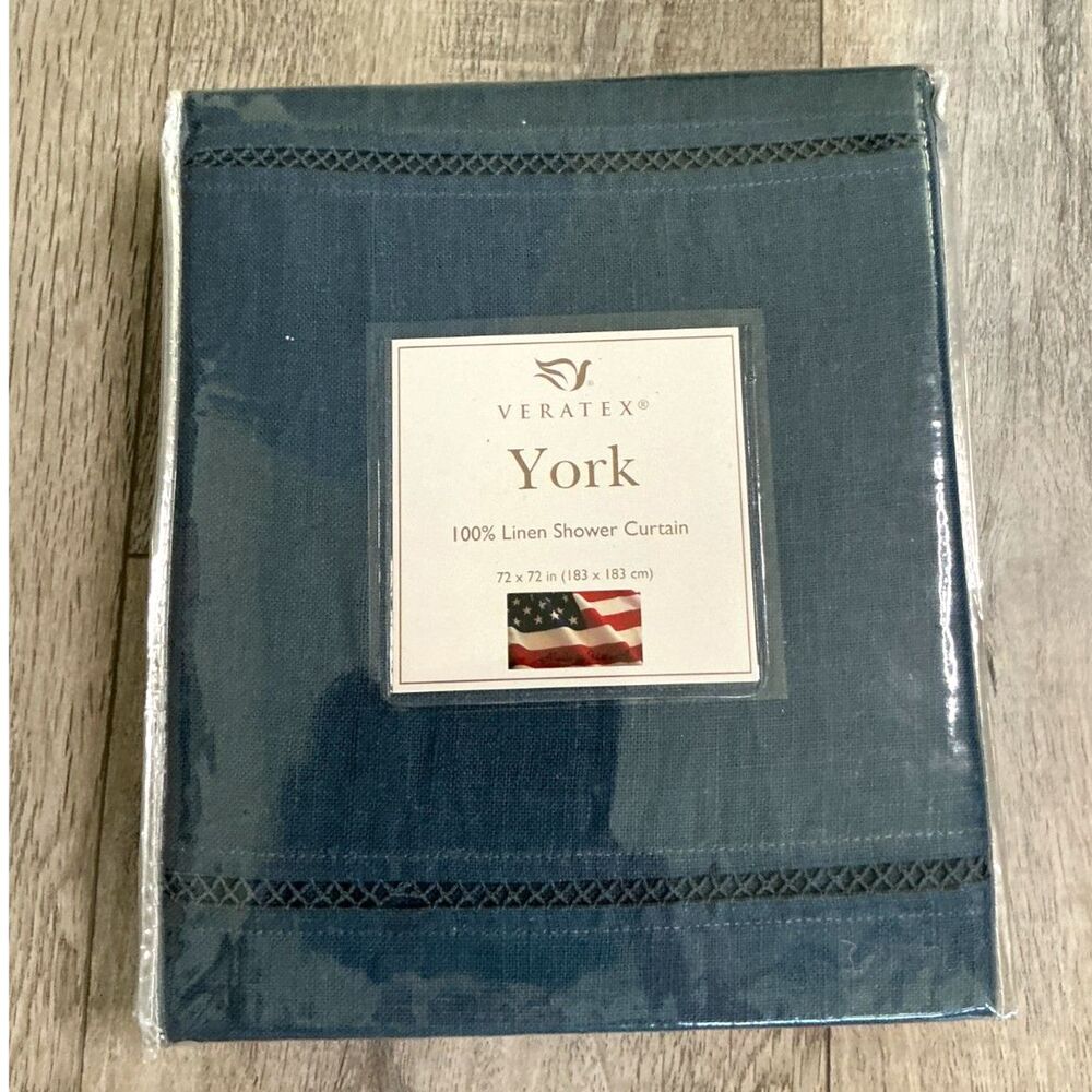 NEW Veratex York Indigo 100% Linen Shower Curtain 72x72 NIP Made USA